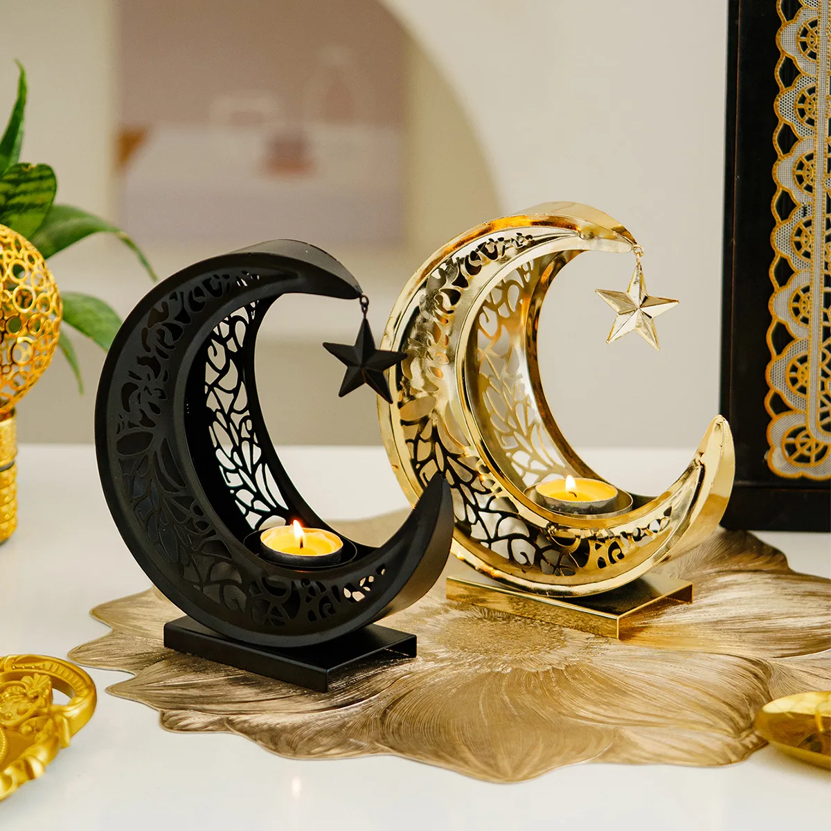 

Islamic Moon Star - Metal Candlestick Luxury Desktop Holder for Muslim Home Festival Table Decor