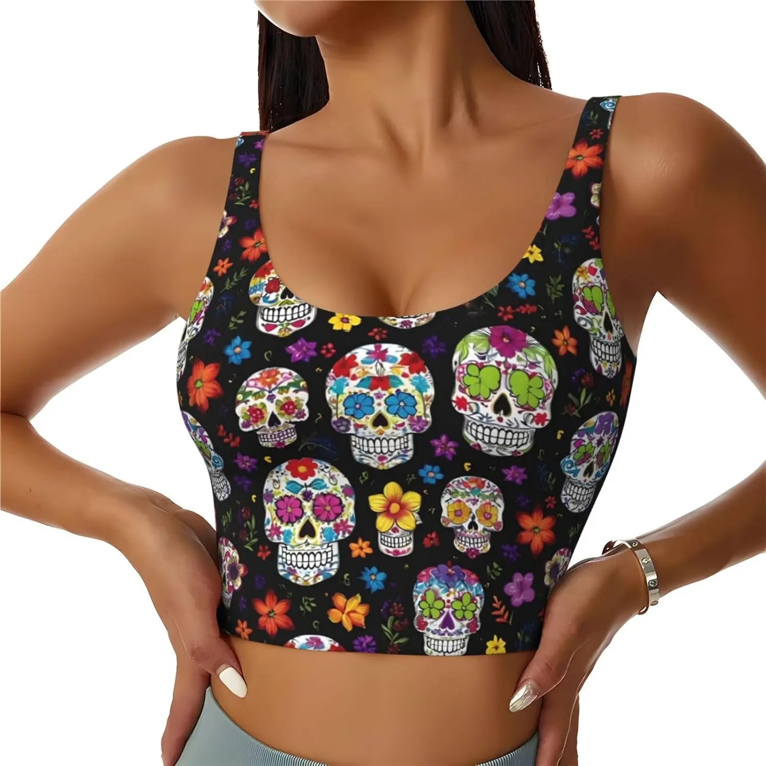 

Colorful Flower Skulls Print Sports Vest for Women, Soft and Breathable, Good for Fitness, and Casual Wear