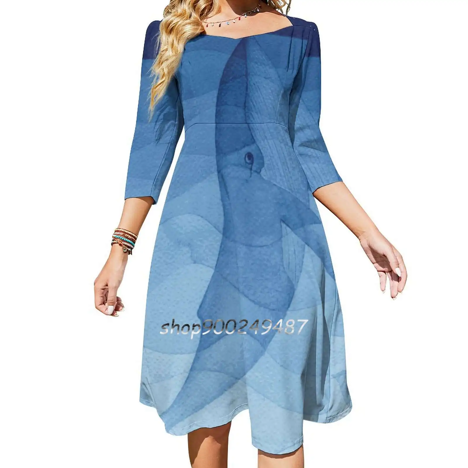 Blue Whale , Sea Animal Dresses For Women A-Line Korea Style Slim Long Sleeve Dress Whale Sea Ocean Water Blue Watercolor