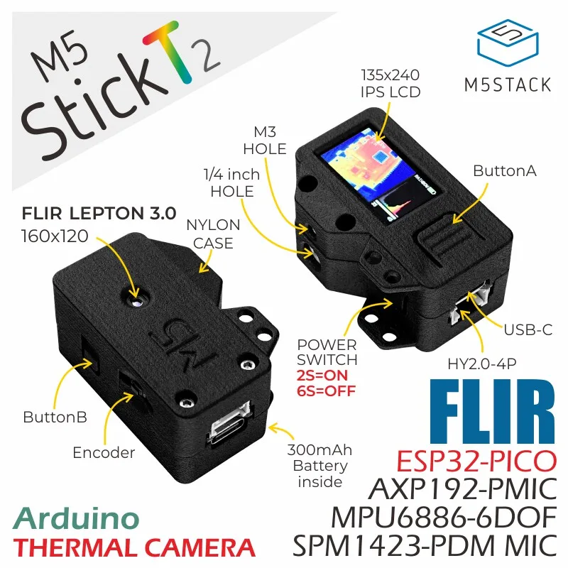 M5Stack Official StickT2 FLIR Lepton3.0 Infrared Thermal Imager Non-contact Infrared Temperature Measurement Tool