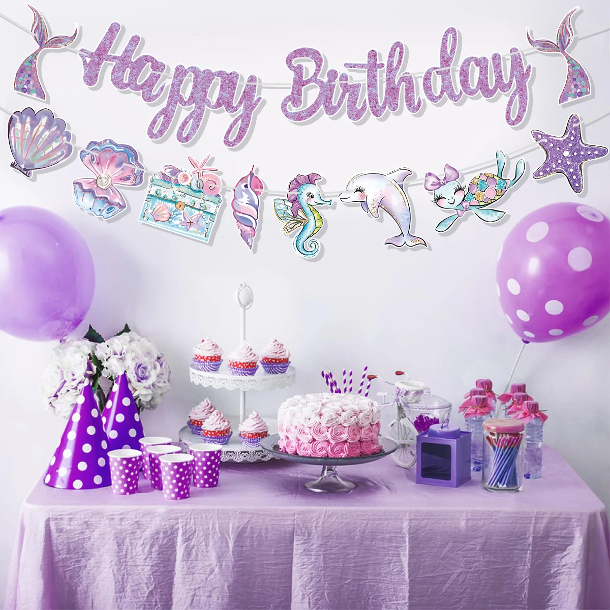 Banderole d'Anniversaire en Forme de Sirène pour Fille, Fournitures de Décoration pour ixPréChristophe, Violet