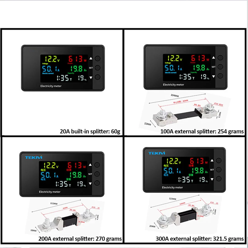 Wielofunkcyjny licznik elektryczny 6 w 1 DC 7,5-100 V 20A 100A 200A 300A Watomierz Woltomierz Napięcie Amperomierz Dwukierunkowe wykrywanie