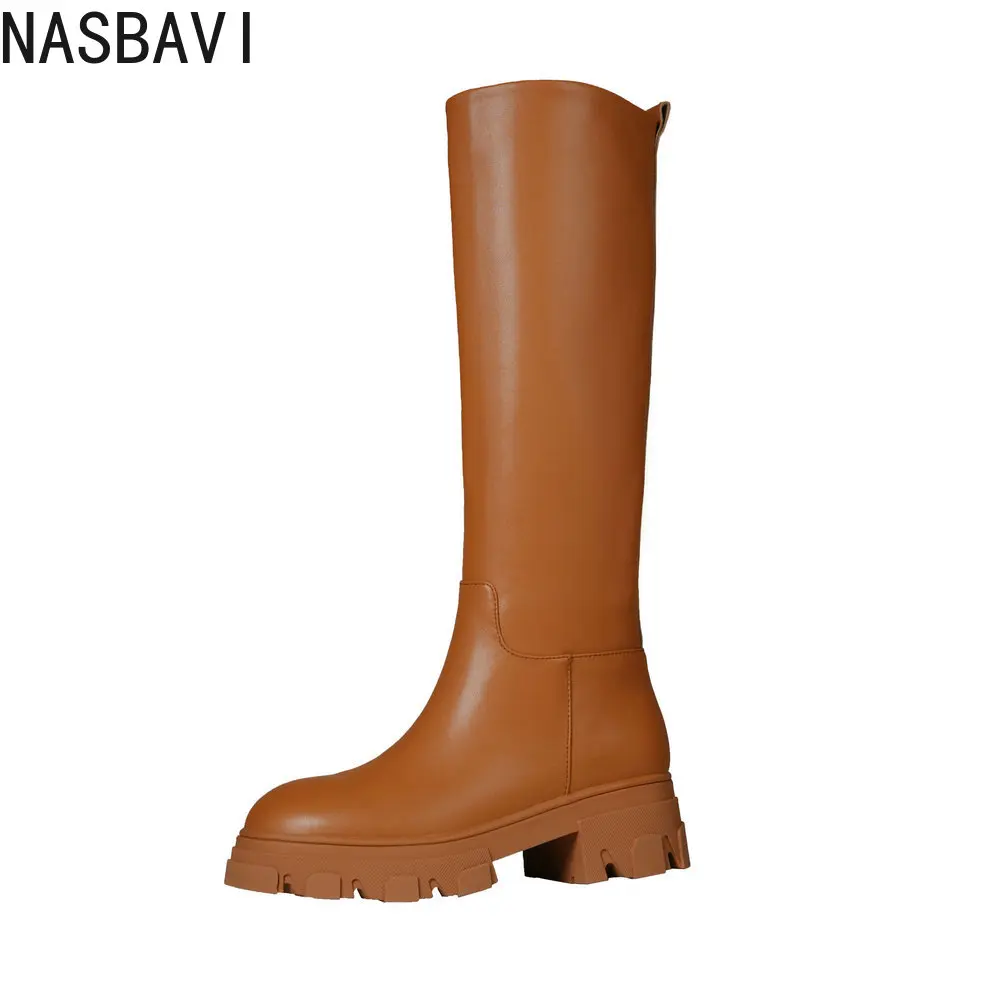 

NASBAVI2026 Fashion INS Women Knee High Boots Cow Leather Flats Heels Woman Office Lady Motorcycle Boots Long Winter Shoes 34-43