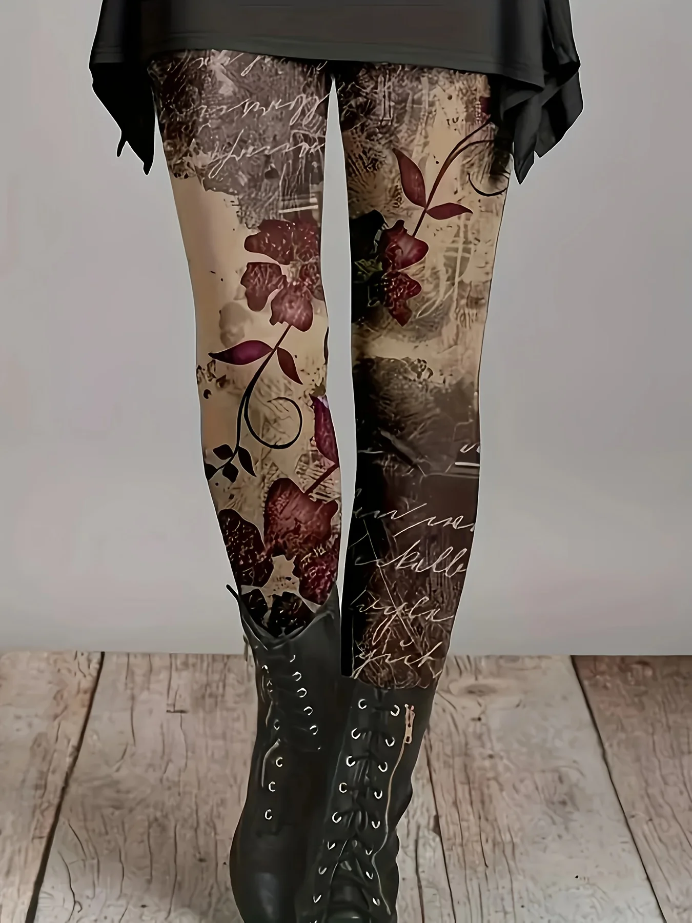 Women Mid‑Rise Fleece Lined Leggings Vintage Brown Floral Print Soft Stretch Slim Warm Ladies Casual Pants
