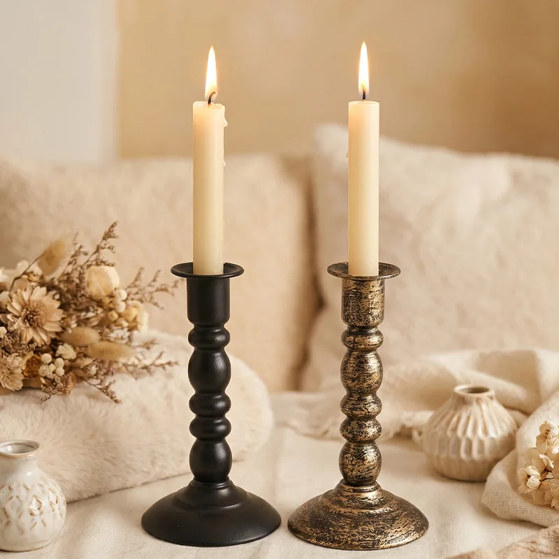 European Retro Iron Taper Candle Holder Single Head Gold Black Metal Candlestick Wedding Dinner Table Home Atmosphere Decor
