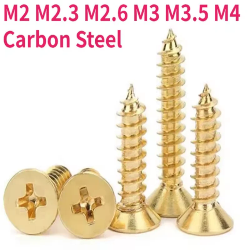 M2 M2.3 M2.6 M3 M3.5 M4 Gold Plated Carbon Steel Cross Phillips Flat Countersunk Head Wood Self Tapping Screw