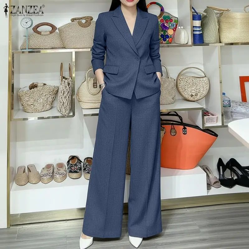 

2026 ZANZEA Elegant Women's Blazer Suits Long Sleeve Peak Lapel Blazer & Wide Leg Pant 2 Pieces Sets Office Lady Commute Outfits