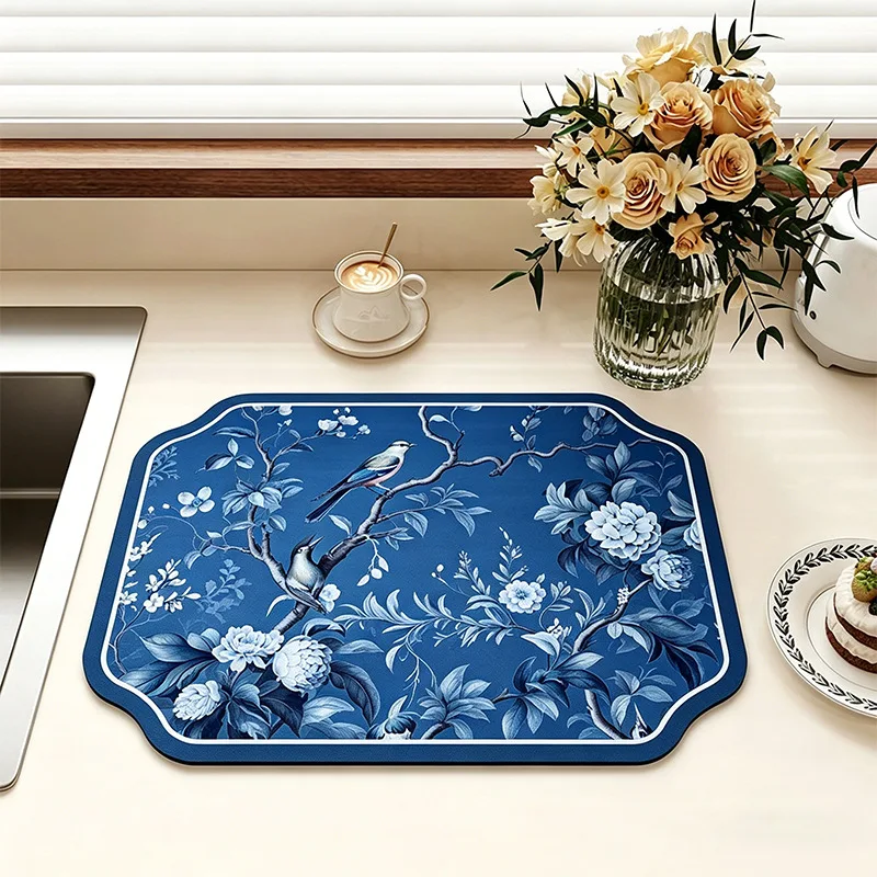 VIKAMA deep blue bird flower super absorbent drain mat peony branch chinese classical stove top countertop kitchen pad Home