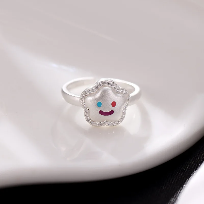 GXGlint 925 Sterling Silver Smiling Face Ring with Simple and Lovely Design for Women Star and Flower Open Ring Jewelry