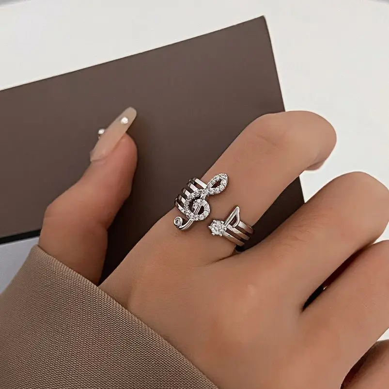 Korean Fashion Micro-set Zircon Music Note Ring Trend Copper Open Rings for Women Statement Finger Jewelry Wedding Decoration