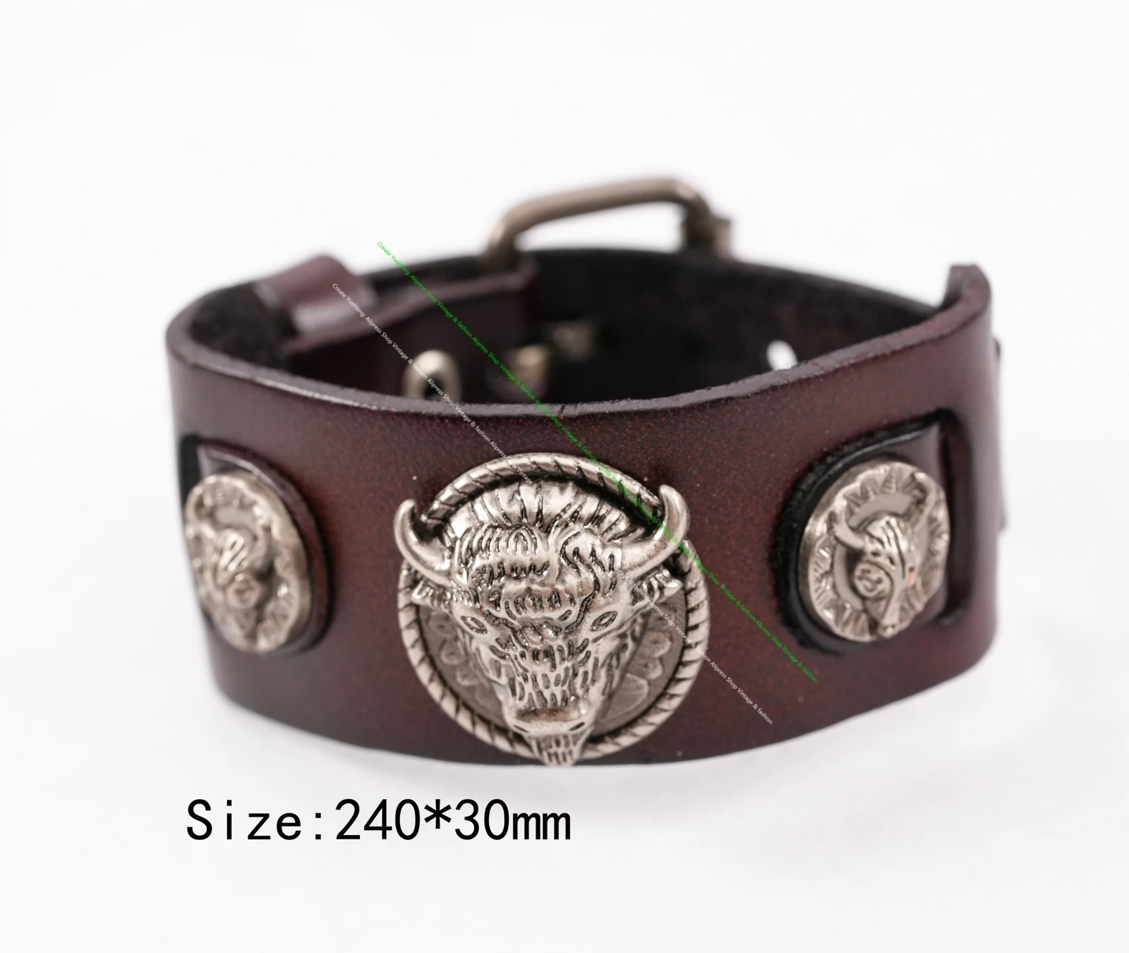 Metal Longhorn Bull Studded Genuine Punk Quality Wide Cowhide Leather Bracelet Cuff Wristband Bangle Brown