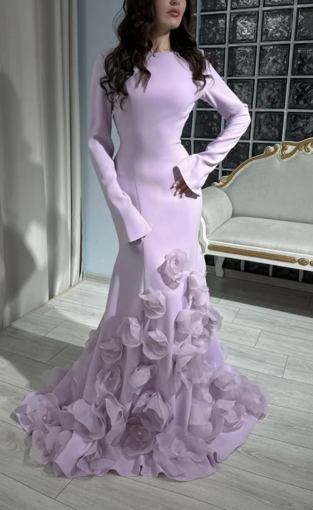 Bella Customized Lavender Crepe Prom Dresses Elegant Long Sleeve Mermaid vestidos de noche 3D Floral Hem Train Formal Evening