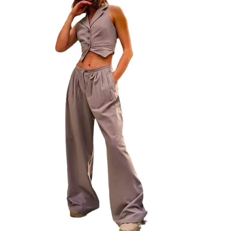 2024 New Gray Sleeveless Halter neck Suit V-Neck Sleeveless Vest Temperament Intellectual Commuting Drap Pants Suit Fabric