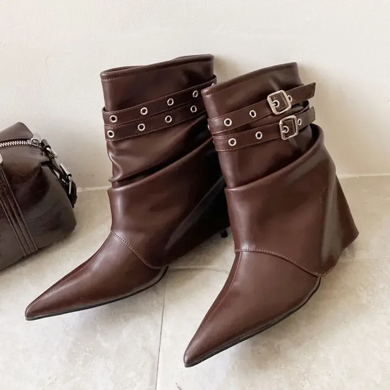

Высококачественные ботильоны из мягкой кожи, женские пикантные современные ботинки с острым носком и металлической пряжкой, осенне-зимняя удобная женская обувь