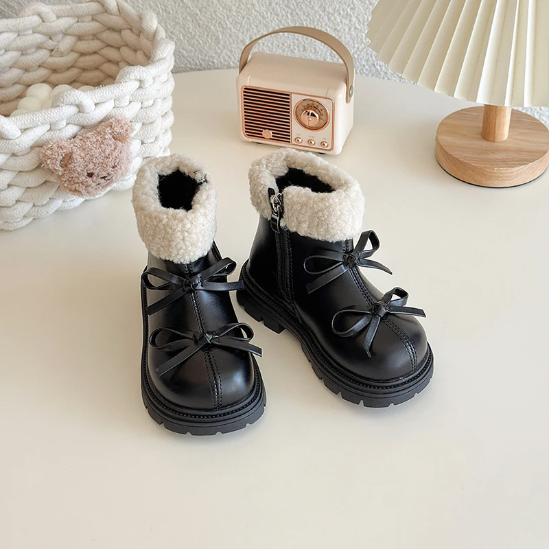 Baby Girls Winter Hot Sale Fashionable Round Toe Cute Bow Comfortable Zipper Short Boots Kids Casual Plus Velvet Warm Snow Boots