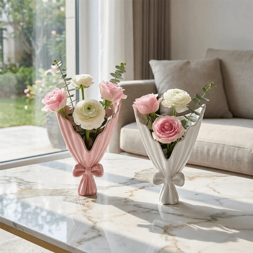 Flower Holder 3D Printed Bouquet Shaped Vase Decorative Plastic Bow Vase European Style Desktop Ornament Table Centerpiece