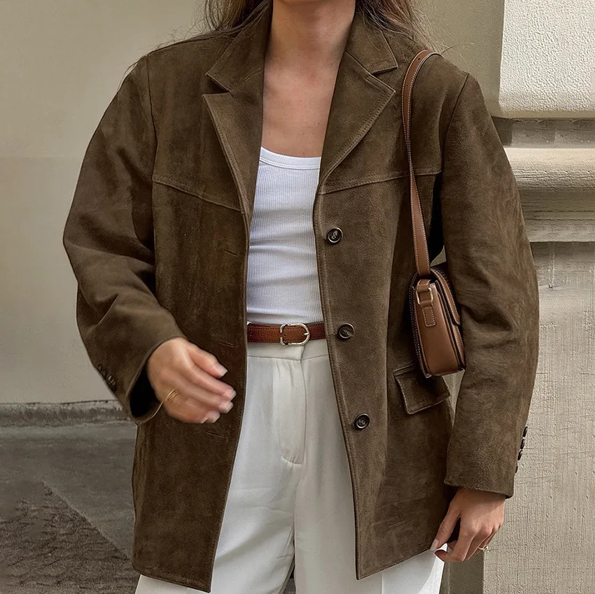 

KIDCRKJ Maillard Women Spring Bomber Jacket Brown Single Breasted Lapel Collar Lady Pilot Outwear Commuting Casual Female Coat