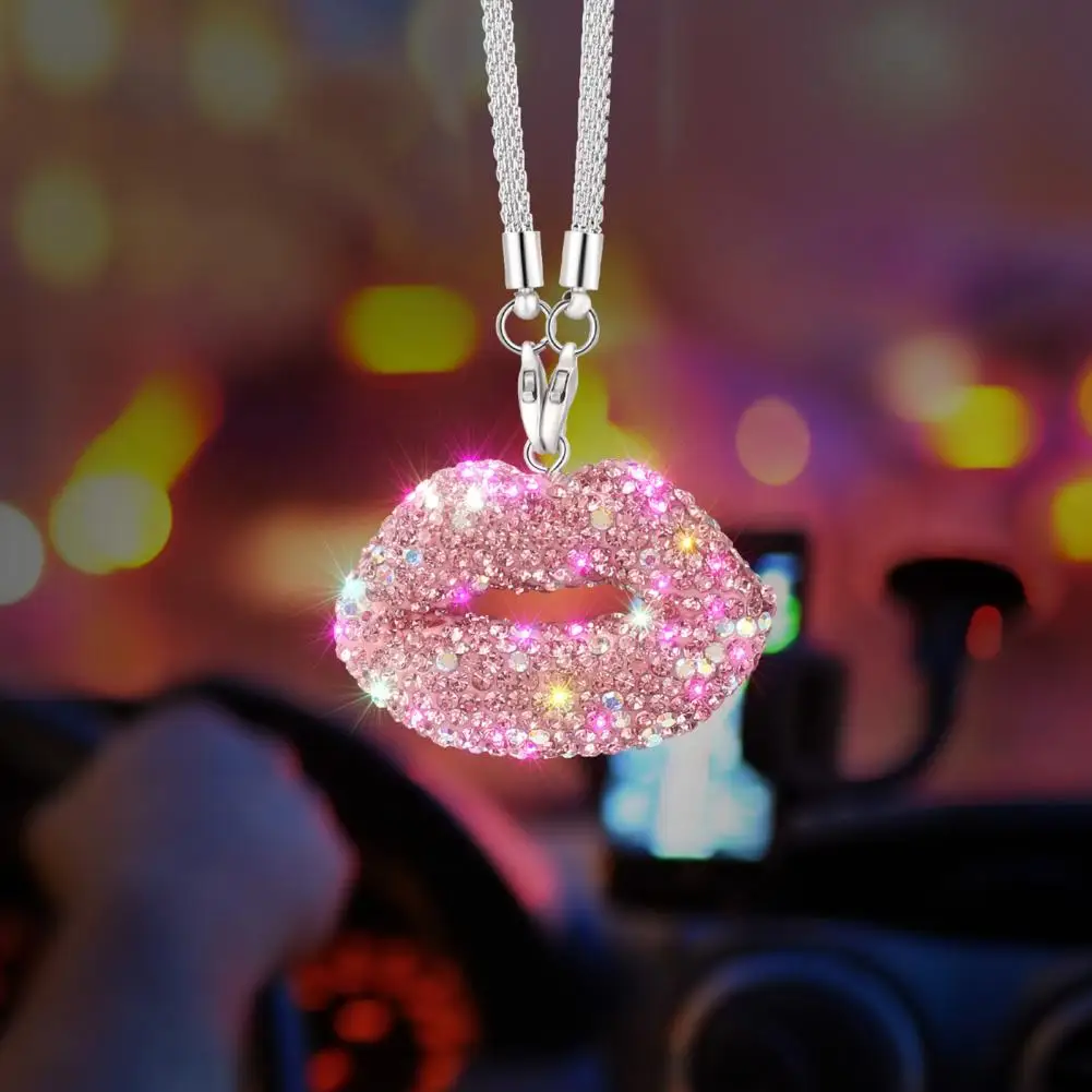 Car Ornament Sparkling Rhinestone Lip-shaped Car Rearview Mirror Charm Ornament Elegant Hanging Pendant for Car Rear View Mirror