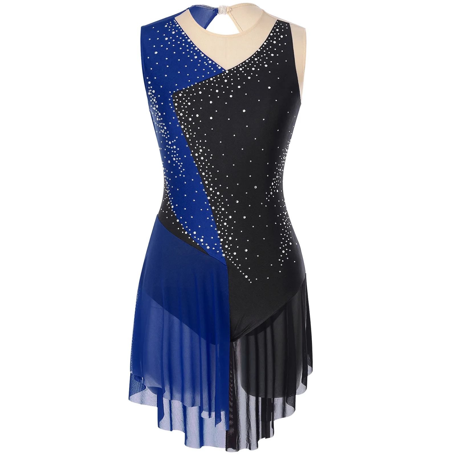 

Women Figure Skating Gymnastic Dance Dresses Ballet Dance Shiny Rhinestones Sleeveless Leotard Patchwork Sheer Mesh Skirts Dress