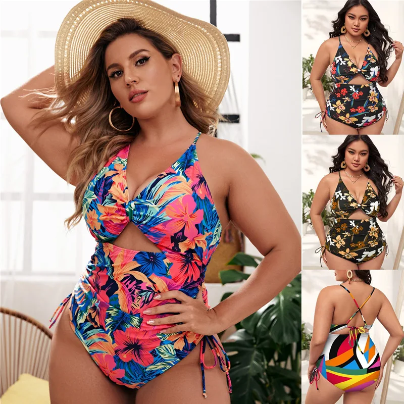 Sexy Plus Size Swimwear Print Gather Hollowed Out Bodysuit Women Bikini Set Swimsuit Push Up Two Pieces Bathing Suit Beachwear