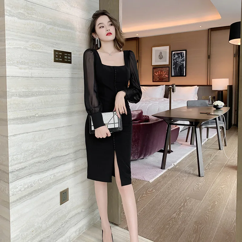 

2023 New High End Ladies Spring Dresses for Women Mesh Patchwork Midi Dress Long Sleeve Square Collar Sexy Party Dress Vestidos