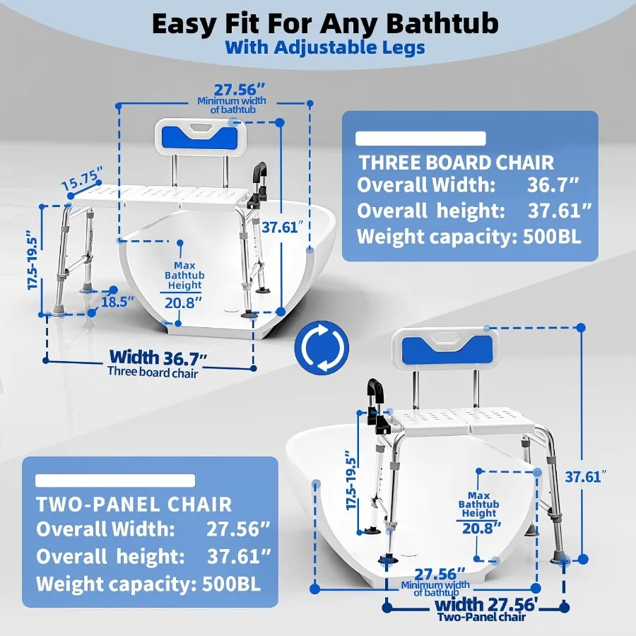 Heavy Duty Width Adjustable Bath Tub Transfer Shower Bench for Inside Tub Extended Shower Chair with Adjustable Height and Reve