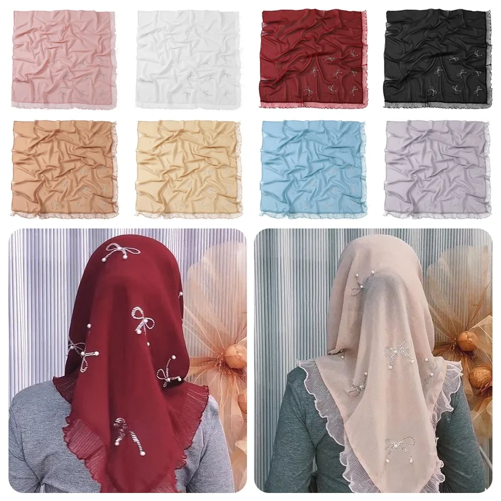 

Fashion 90×90cm Women Square Hijabs Lace Edge Solid Color Head Scarf Pearl Bow Design Silk Scarf for Women