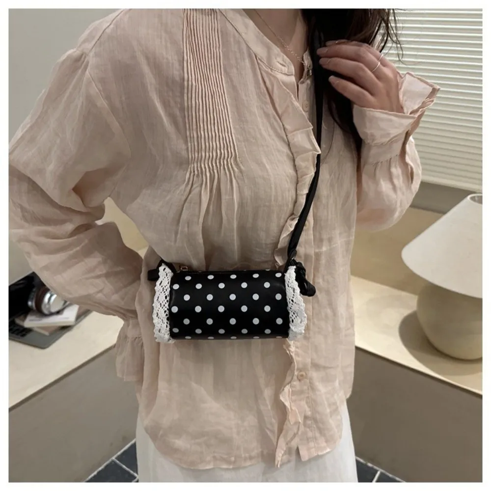 Trendy PU Leather Polka Dot Shoulder Bag Versatile Chic Cylinder Bag MIni Lightweight Handbag for Women Daily Use
