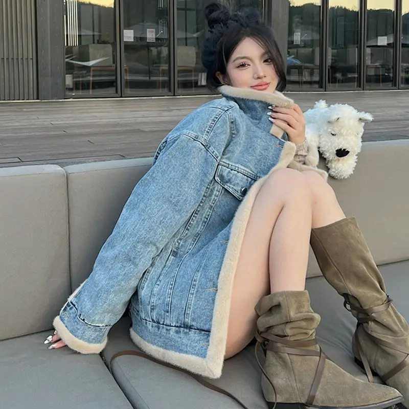

Denim Coats Woman Oversize Fur Plush Womens Winter Loose Fit French Chic Urban Travel Quick-Drying Hooded Quilted Fluffy Jackets