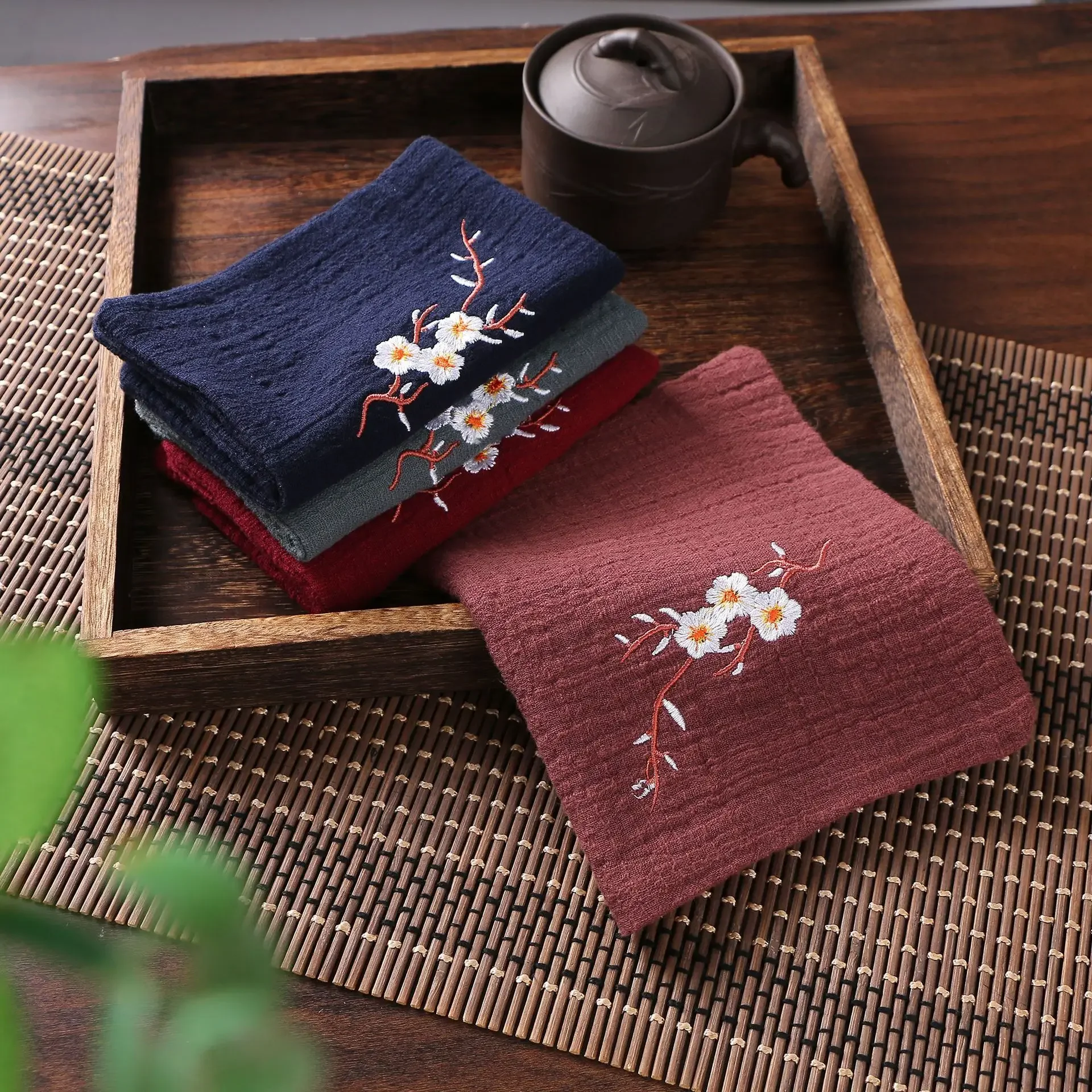 Cotton Linen Chinese Style Zen Tea Towel Absorbent Thickened Rag Flower Embroidery Tea Towel Tea Coaster Accessories