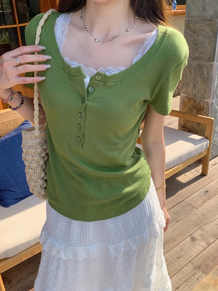 MosesQueen Green Lace Splice Short Sleeve T-Shirt Henry Collar Fake Two-Piece Button-Up Top Women's Korean Style Summer Cotto...
