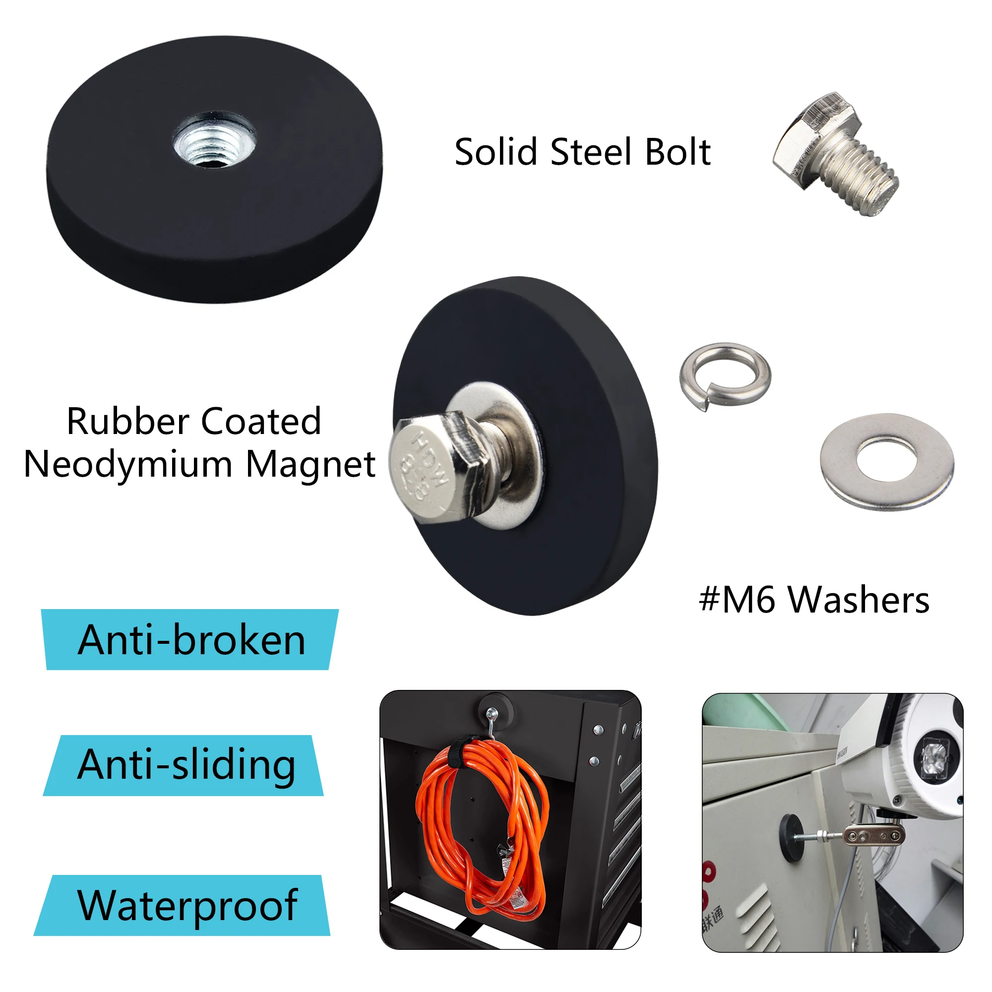 8PCS 40lbs Permanent Rubber Coated Magnet with M6 Female Hole,Anti-Scratch Mounting Magnet Heavy Duty for LED Lights,Camera