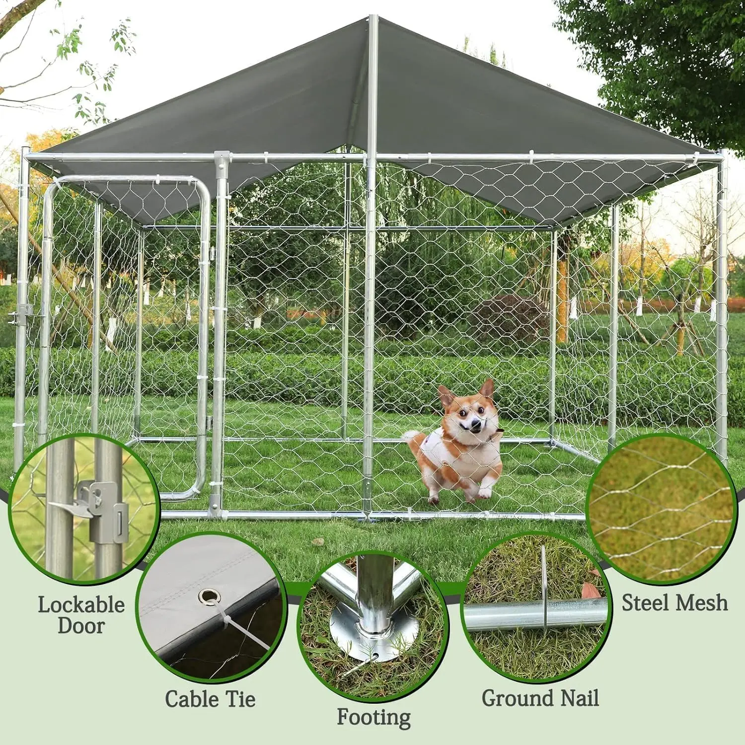 Large Outdoor Dog Kennel Roof Heavy Duty Run Enclosure Pet Playpen Galvanized Chain Link Waterproof Cover 7.5x7.5ft, Customized