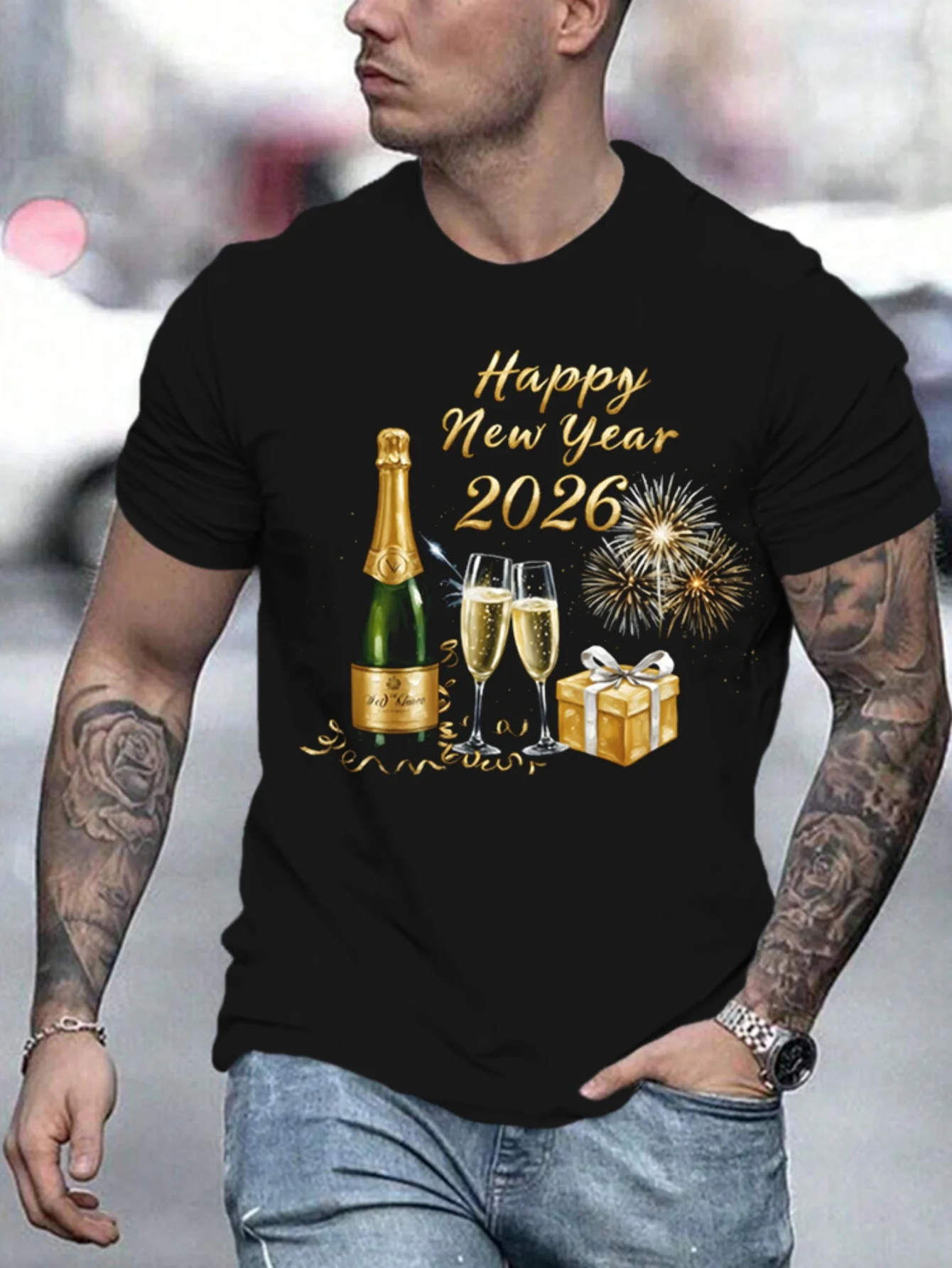 تي شيرت رجالي مطبوع عليه سنة جديدة سعيدة لعام 2026 كاجوال قابل للتمدد قليلاً وأكمام قصيرة ورقبة دائرية ملابس خارجية.