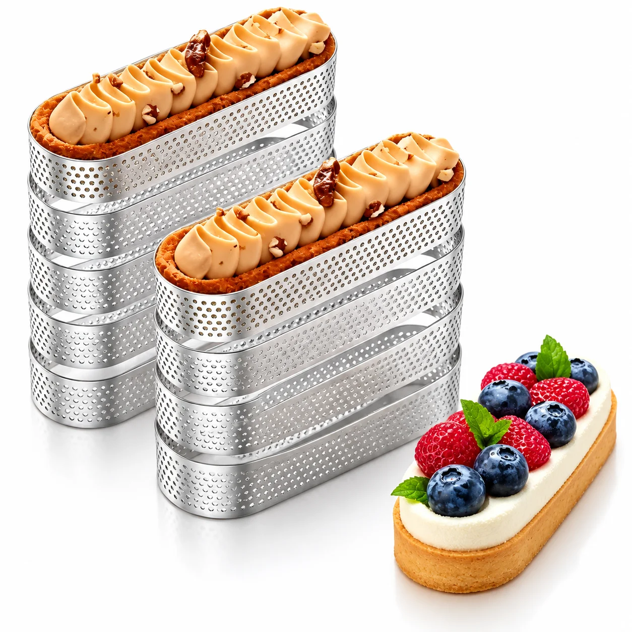 3-teiliges Set ovaler, perforierter Tortenringe aus lebensmittelechtem, verdicktem Edelstahl, antihaftbeschichtete Formen für Mousse, Kuchen, Gebäck und Desserts, ideal zum Backen zu Hause.
