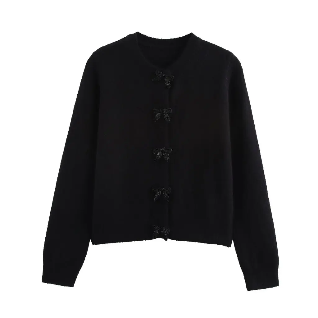

European And American Fashion Bow-breasted Long-Sleeved Knitted Jacket Women's Spring Autumn New E3A419