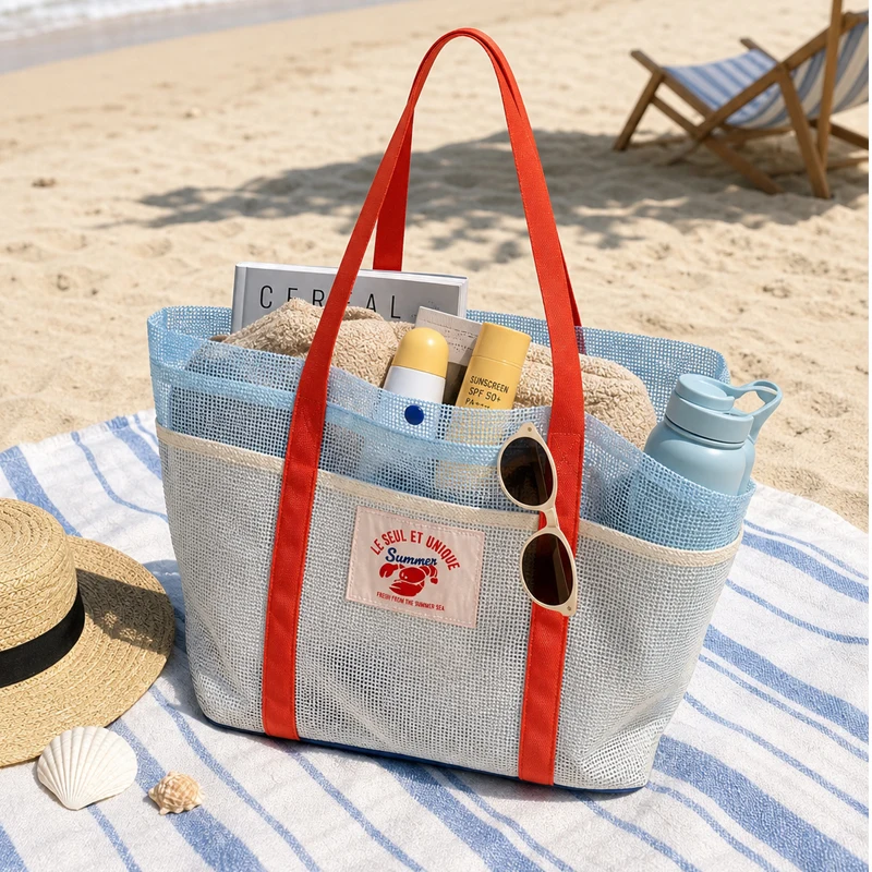 Large Capacity Beach Bag Sand-proof Mesh Beach Swimming Pool Travel Storage Tote Bag Multi-pocket Design Family Holiday Essentia