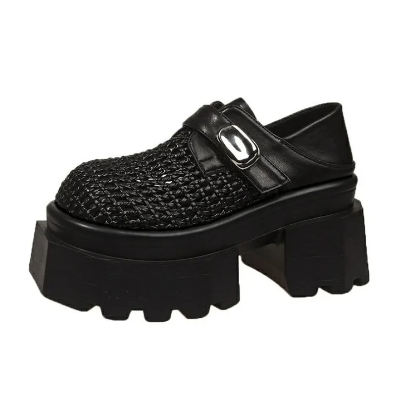 

8.5CM New Synthetic Leather High-heeled Platform Wedge Sandals Women Summer Weaving Breathable High Heels Chunky Sneakers Woman