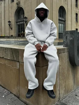 Solid Couple's Hooded Sweatshirt 2 Piece Set Casual Loose Sweatpants Suit Autumn Male Jogging Sweatshirt Trousers Outfits Suits 2