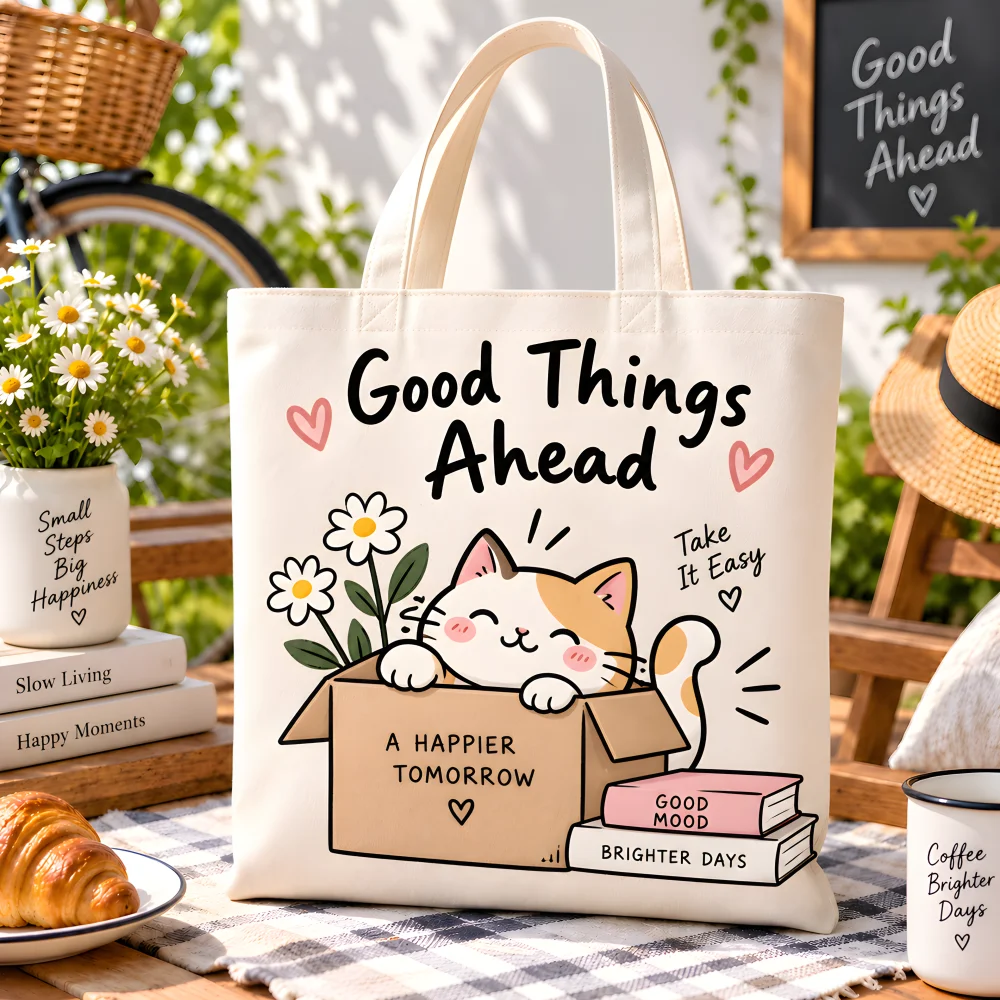 Cute Cartoon Kitten Canvas Tote Bag Good Things Ahead Letter Print Reusable Shopping Handbag Casual Shoulder Bag For Girls Daily