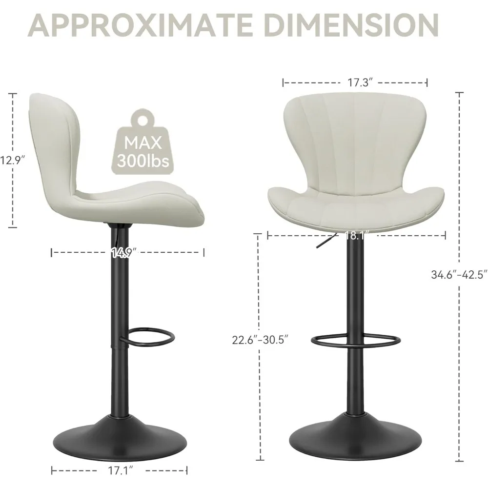 Conjunto de bancos de bar de 2 peças, banco de bar giratório acolchoado de tecido, cadeira de bar de altura de mesa com encosto