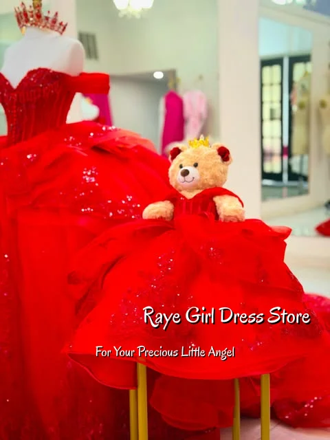 Red Off Shoulder Flower Girl Dress For Wedding Birthday Pageant Formal Gown A Line Floor Length Puffy Tulle Lace Kids Gowns