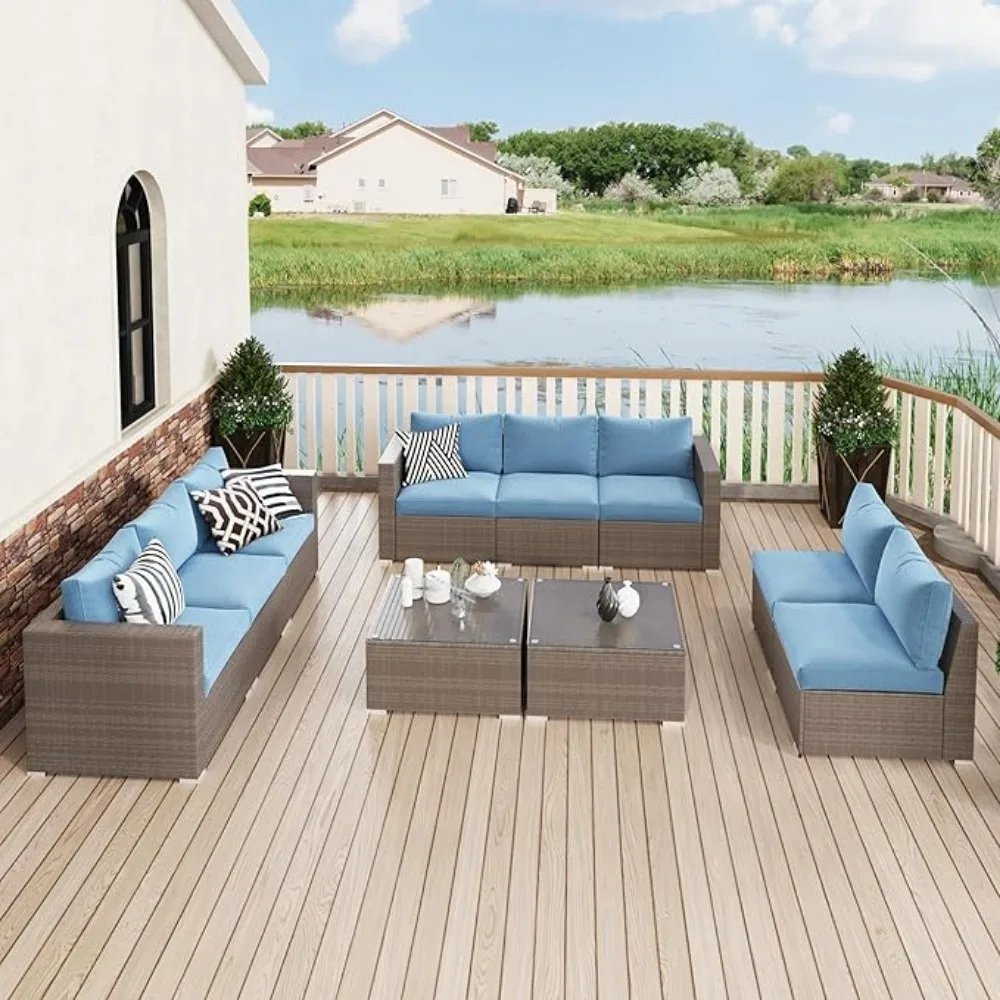 

6 Piece Patio Furniture Set,Outdoor Sectional Sofa with Tempered Glass Coffee Table,Wicker Rattan Conversation Set with Cushions