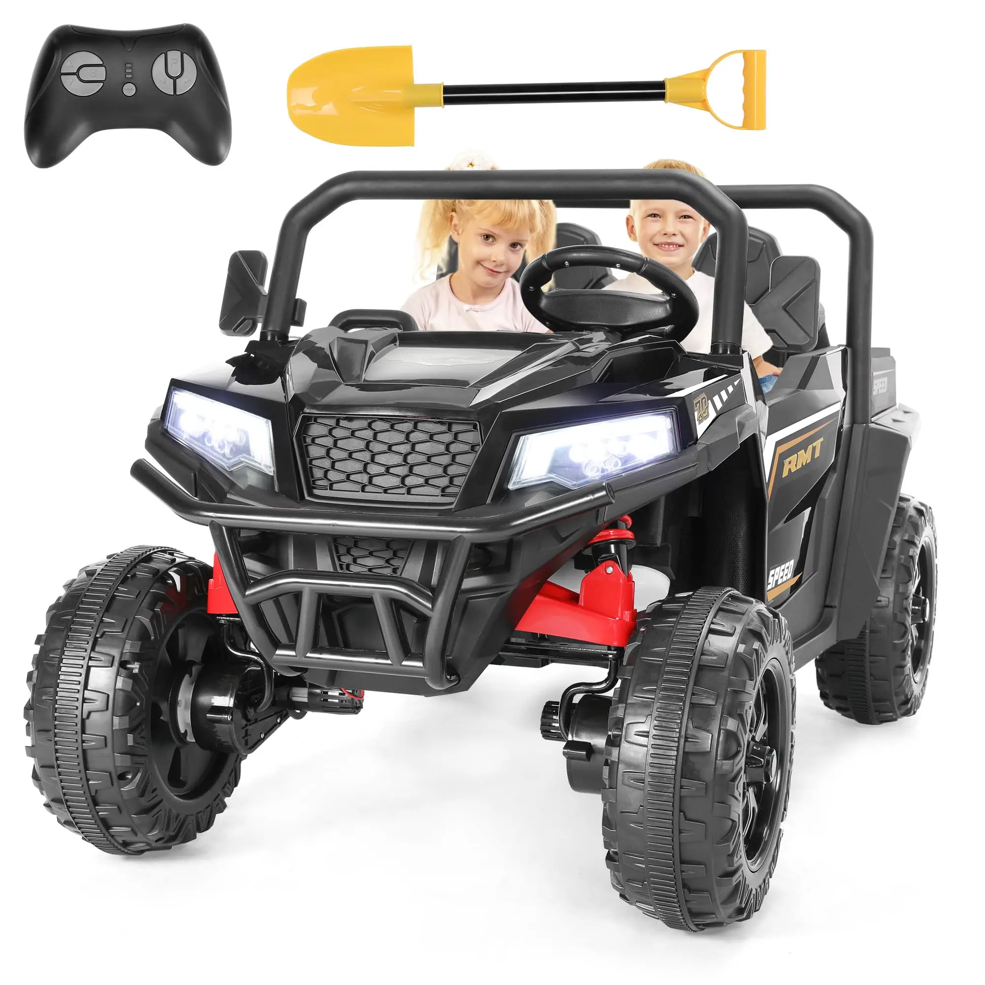 Giro elettrico 24V su auto per bambini 4 ruote doppio sedile con pale e ammortizzatori scarico macchinine alimentate a batteria con luce a LED per bambini