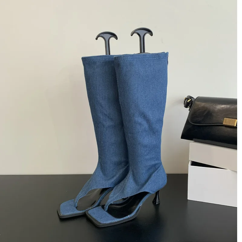 Blue Boots Sexy Thong High Heels Summer Clip Toe Knee High Boots Women Peep Designer Shoes Black Botas Largas De Mujer