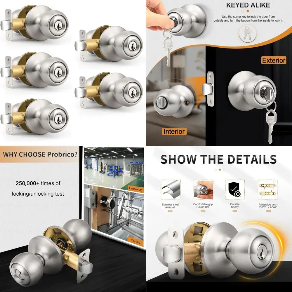 

Keyed Entry Door Knob with Lock, Front Door Knob, Same Key, Indoor/Outdoor Door Lock, Standard Ball, Satin Nickel Finish