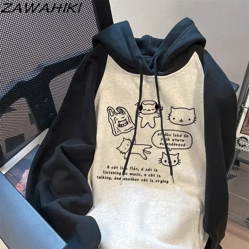 Japanese Sweet Cute Letter Cartoon Print Patchwork Contrast Color Hoodies Sweatshirt Women Fall Winter Loose All Match Chic Top