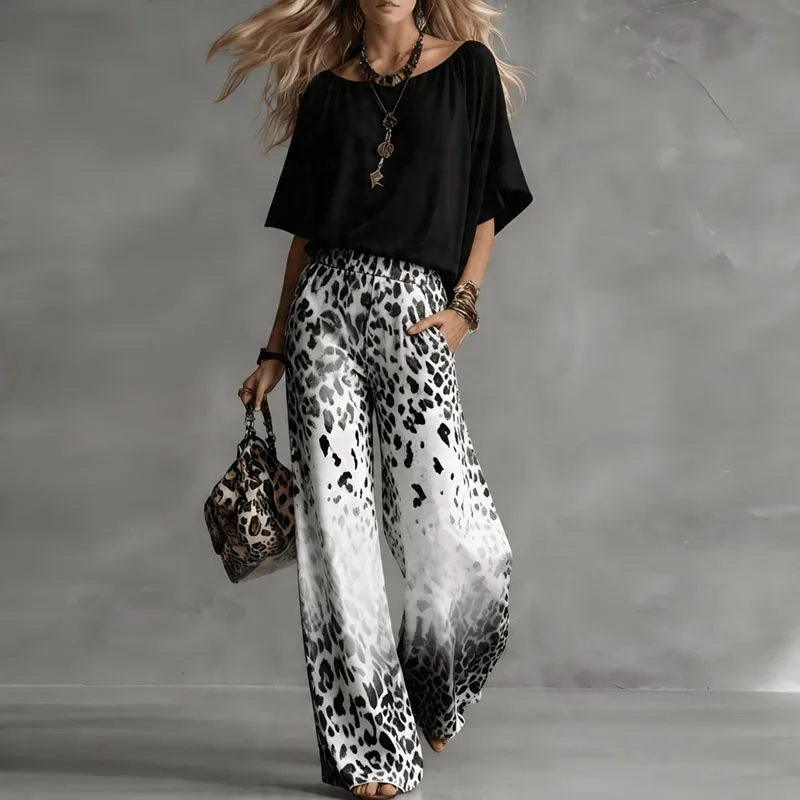 Summer Batwing Sleeve Women 2 Piece Outfit Gradient Leopard Print Wide Leg Pants Set Casual Beach Vacation Matching Pockets Suit