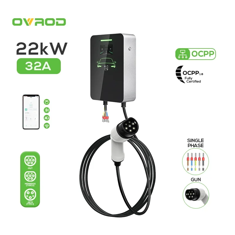 Ovrod Manufacturer Oem Ocpp 1.6j Wallbox Rfid Card 22kw Ev Wall Charger 32a Ev Charging Station With Payment System