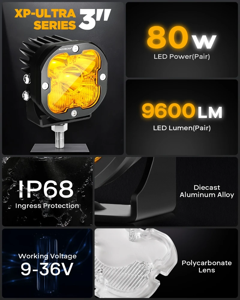 AUXBEAM LED Work Lights 3 Inch 80W Pod Lights with DT Wiring Harness Roof LED Fog Driving Lamp Amber Combo & White Combo Cover